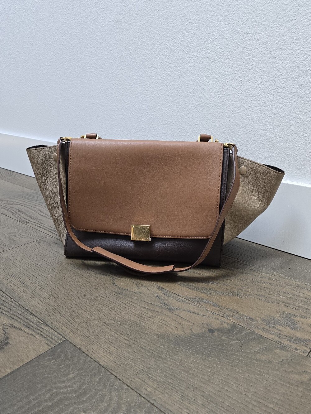 Celene Tricolor Medium Trapeze Luggage Satchel in Cognac Brown Tan - Picture 4 of 14